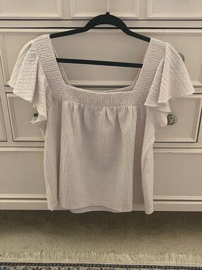 LOFT White Smocked Square-Neck Flutter Sleeve Top